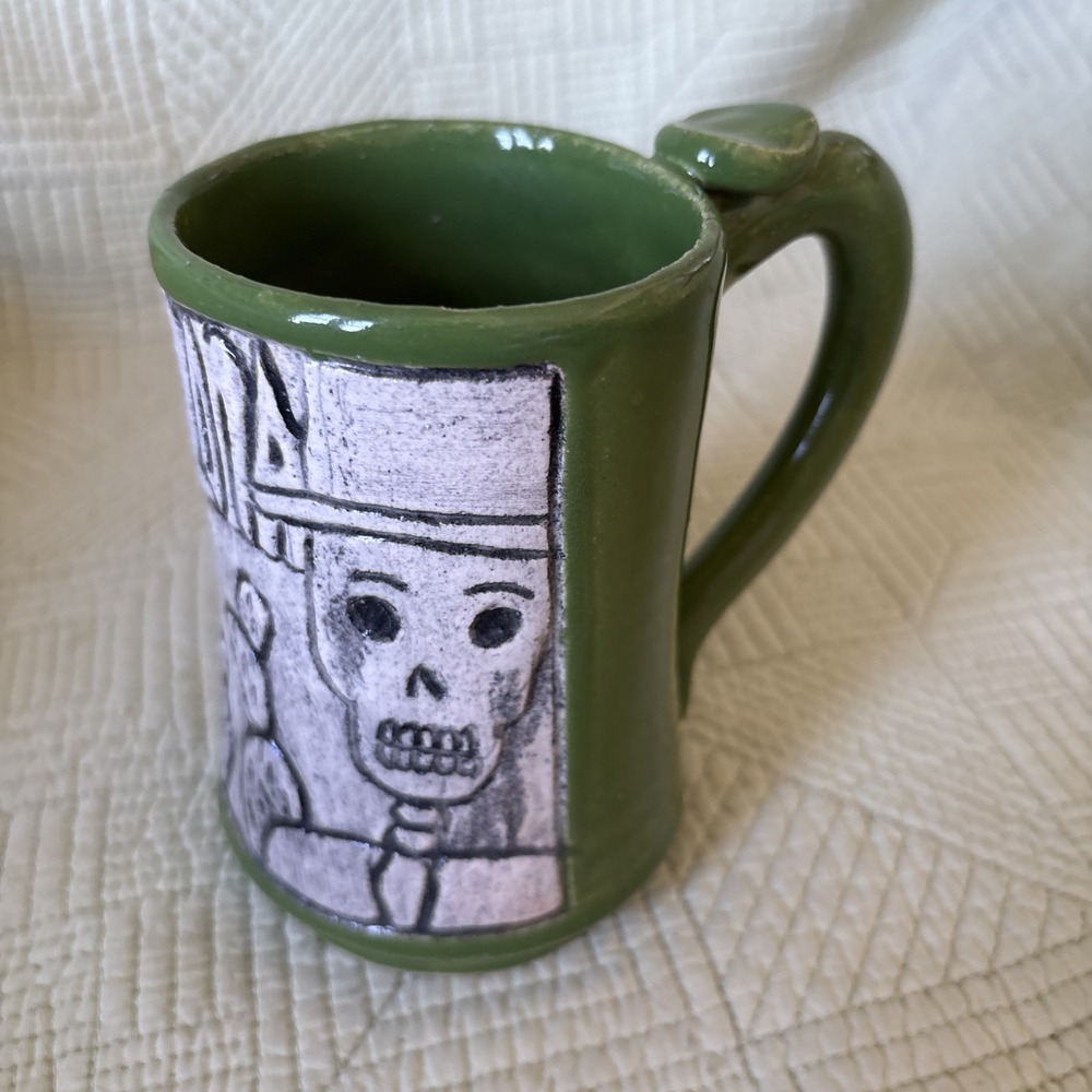 Studio Art Pottery Mug Skeleton Cactus Green Southwestern Folk Art Handmade 5"